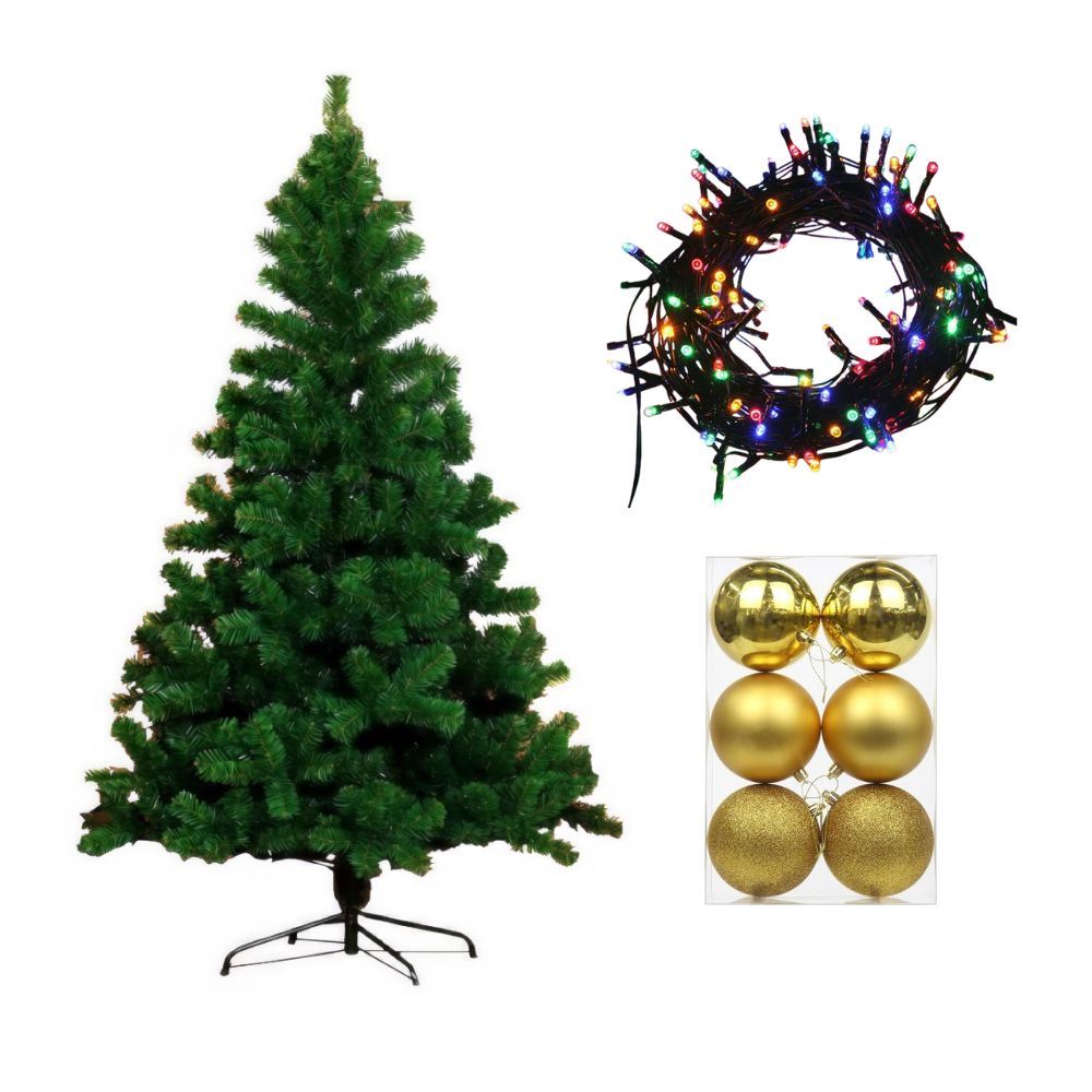 COMBO ÁRBOL DE NAVIDAD 2.10 + LUCES MUSICALES 10M MULTICOLOR 100 FOCOS + 12 BOLAS DE 6CM